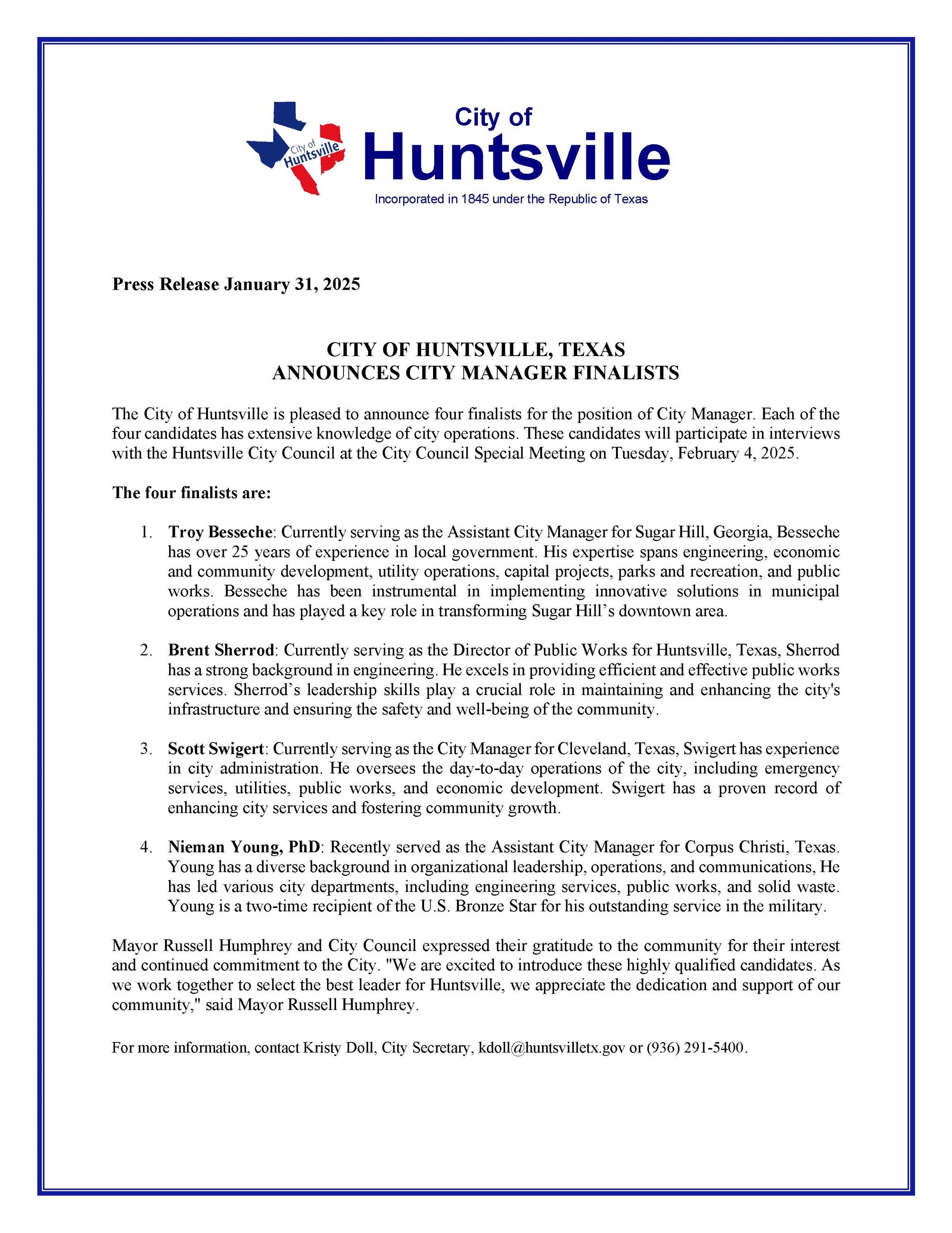 City Manager Finalists - Press Release