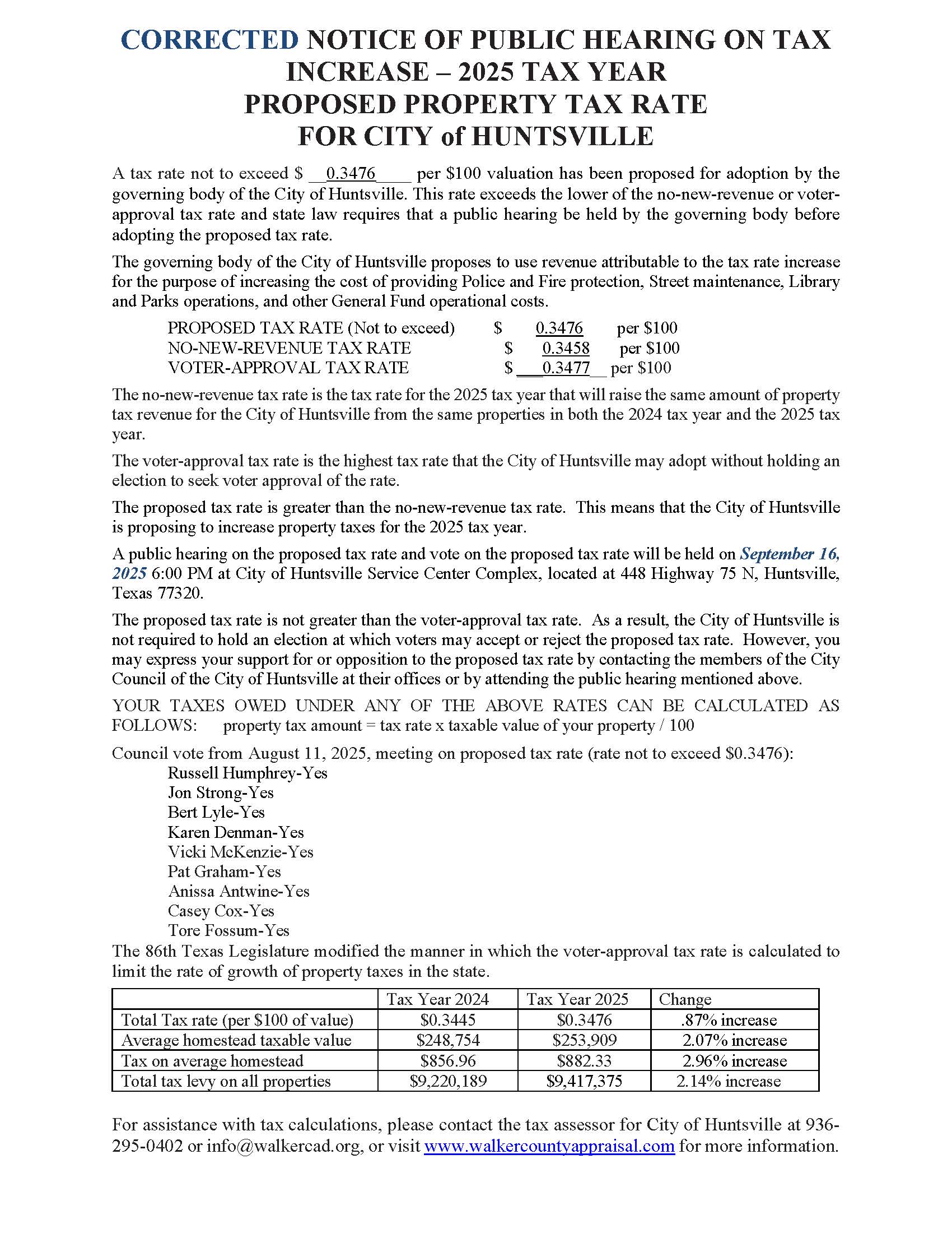 Corrected Notice-Hearing - Tax Rate - use for Tax Hearing notice in newspaper and city website w tax